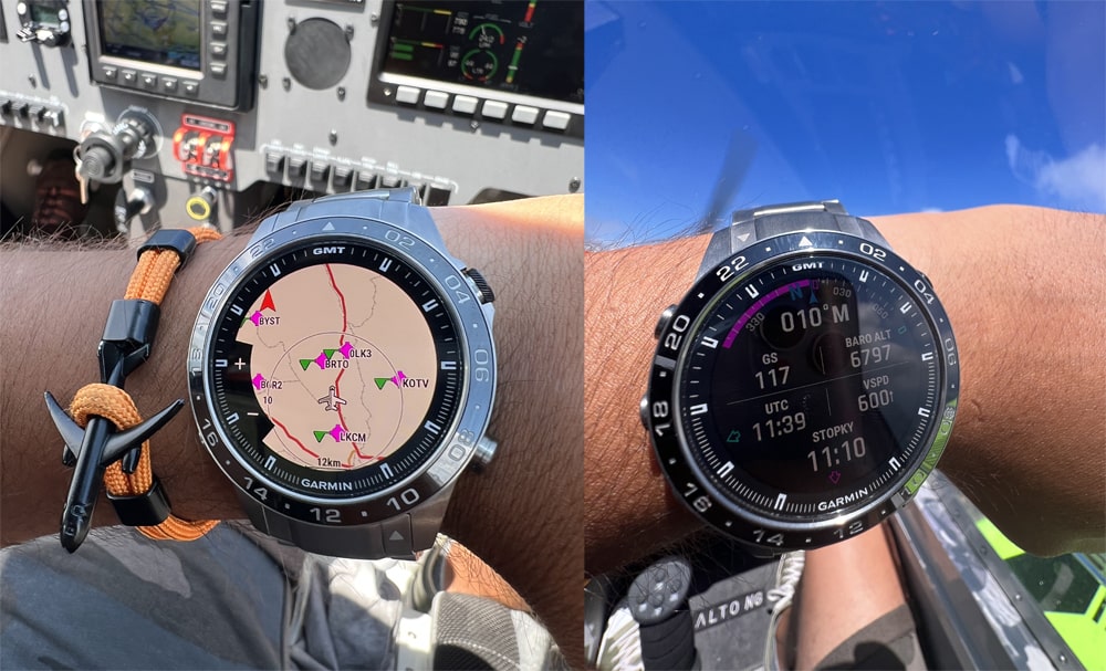 Model Garmin Marq Aviator na ruce, obrazovka s pilotními funkcemi